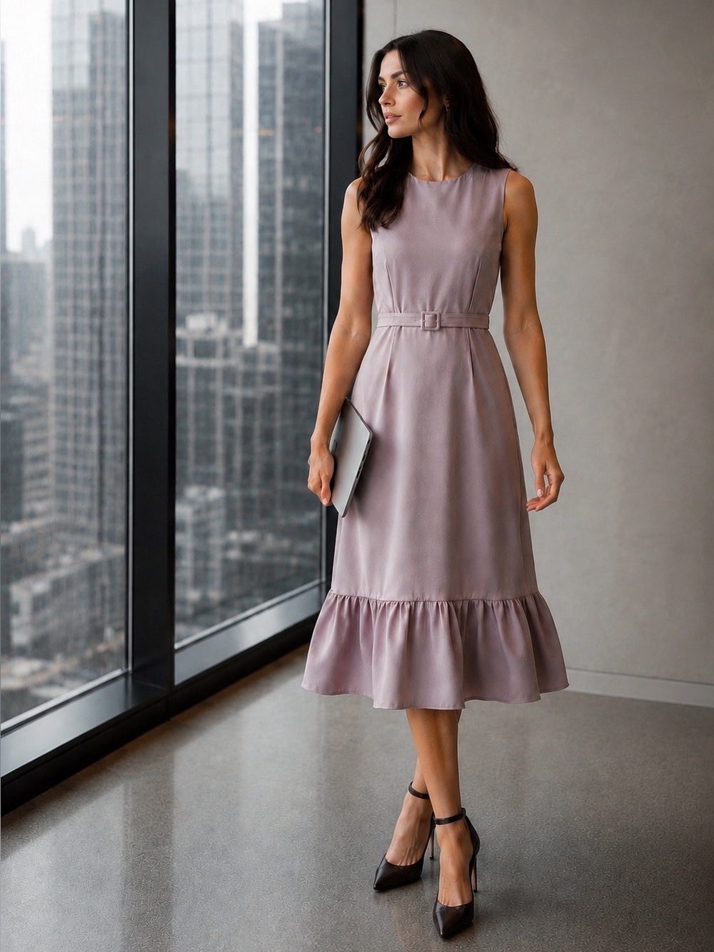NEW CO Sleeveless Wool Blend Belted Flounce Hem Midi Dress in Soft Lilac Size M